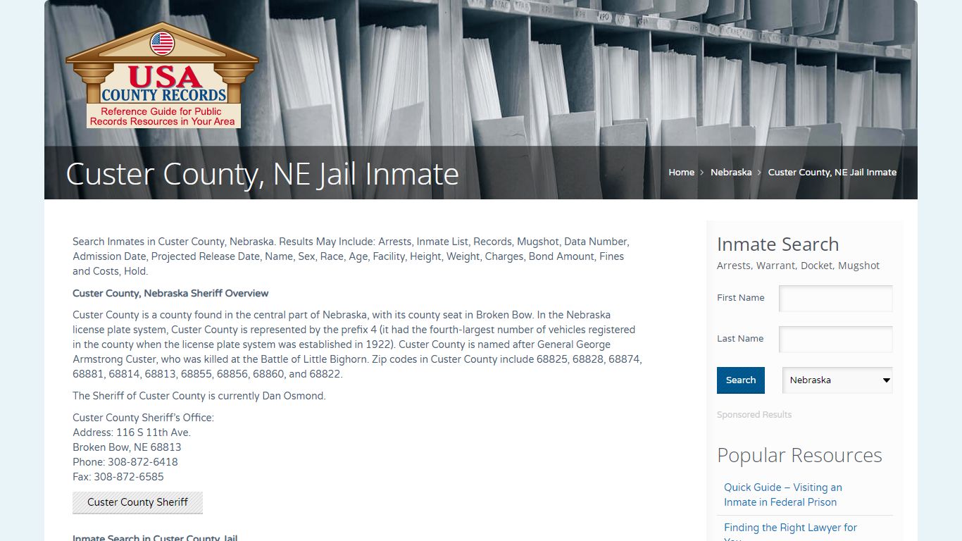 Custer County, NE Jail Inmate | Name Search